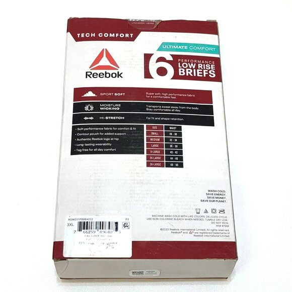 Reebok Performance Low Rise Briefs Men's 3XL 6-Pack Moisture Wicking Comfort NIB - Picture 2 of 6
